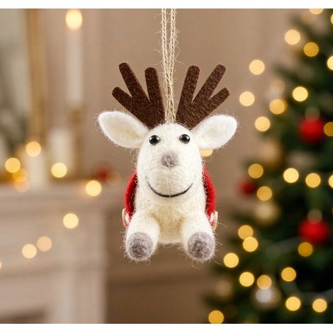 Ornement renne volant en feutrine blanche avec gilet rouge à pois 13×8 cm, déco sapin Noël (1/3)