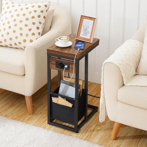 Table Basse Pliable avec Station de Charge, Table d'Appoint en Forme de C avec Poche en Tissu, pour Petits Espaces, Marron Rustique et Noir EBF30CSF01,HOOBRO (1/5)