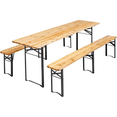 Oviala – Ensemble brasserie table et bancs pliants 8 places – Structure acier époxy noire – Plateau sapin – Charge max 200kg table, 350kg bancs