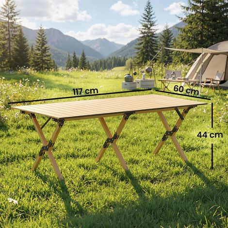 Table de camping 117 x 60 cm, table pliante en aluminium avec plateau enroulable, aspect bois, sac de transport étanche (1/5)