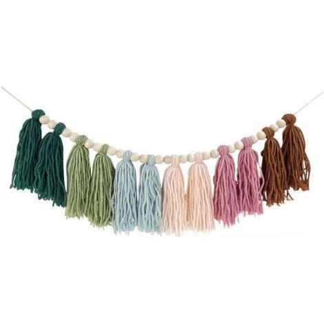 Décoration murale arc-en-ciel bohème à pompons en perles de bois - Guirlande de pompons pastel colorés pour chambre d'enfant, salle de classe, chambre à coucher, crèche (1/4)