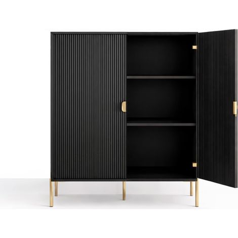 Credenza Mobile Contenitore 2 Ante Cannettate E Piedini Oro Madia Moderna con Ripiani Interni E Chiusura Soft Close Per Soggiorno Salotto E Ingresso 103.6 x 124 x 39.6 Cm Nero - Colore: Nero