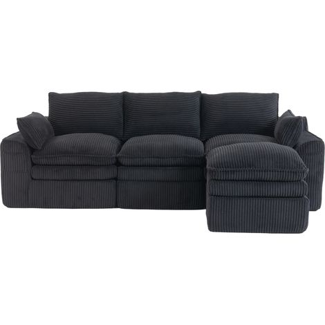 Divano modulare 3 posti in velluto a coste nero con pouf, cuscini e tasche laterali (1/5)