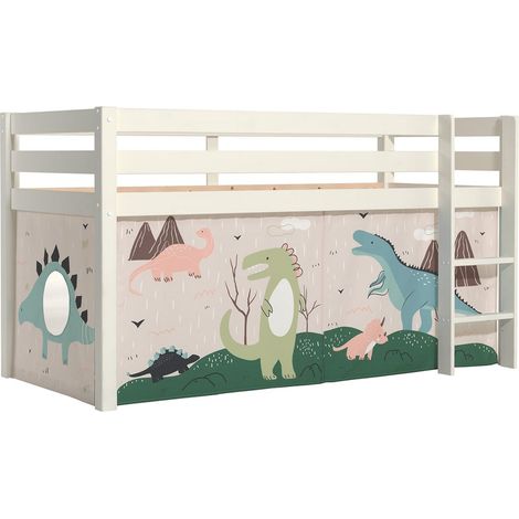 SLEEPY - Lit Mi-Haut en Pin Laqué Blanc 90x200cm Housse Dino
