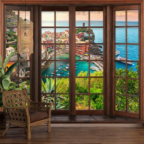 Papier peint panoramique Trompe l'oeil Fenêtre en bois - Ville de Vernazza - 130 cm x 104 cm (1/5)
