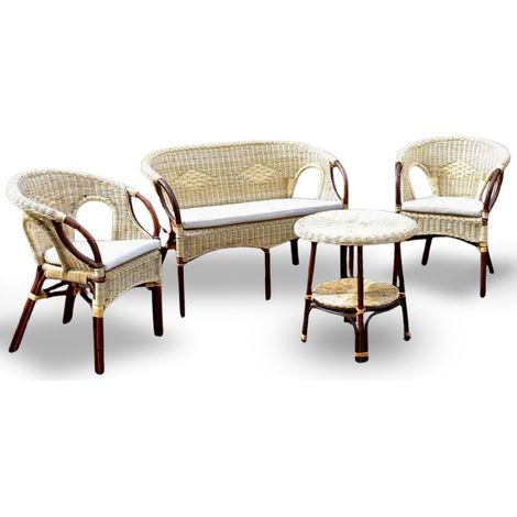 Sala de estar Mandolino en mimbre color nogal con 1 sofá, 2 sillones, 1 mesa (1/5)