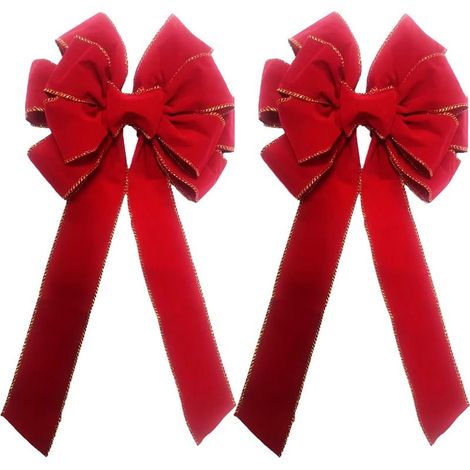Set de 2 nœuds décoratifs de Noël rouges avec bordure dorée, ruban de fête grand format de 10,6 × 20 pouces, pour porte d’entrée, décorations de sapin de Noël et clôture de jardin à l’extérieur (1/4)