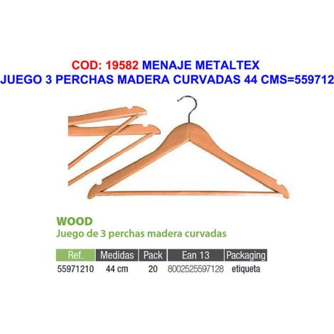 menaje metaltex juego 3 perchas madera curvadas 44 cms 559712