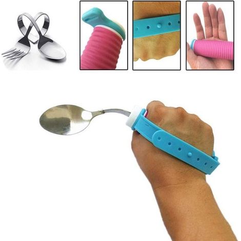 Adaptiver Löffel bei Handzittern 360 drehbarer gebogener Löffel mit rutschfestem Griff und Handschlaufe für ältere Menschen und