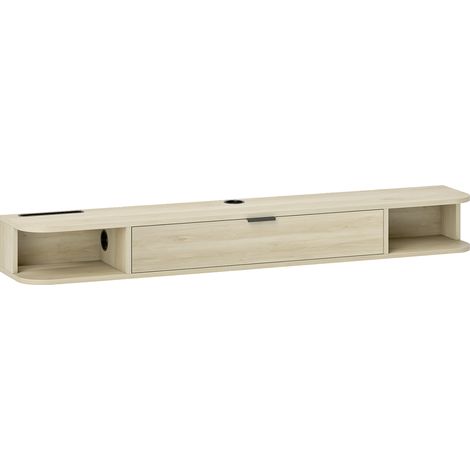 Meuble TV mural suspendu 140x24x16cm bois naturel, support pour téléviseur jusqu'à 60 pouces, avec tiroir basculant et 2 étagères. (1/5)