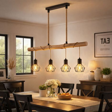 Hängeleuchte Holzbalken natur Pendelleuchte Käfig schwarz Hängelampe Holz Landhausstil, schwarz, 4x E27 Fassungen, LxBxH 100x15x120 cm