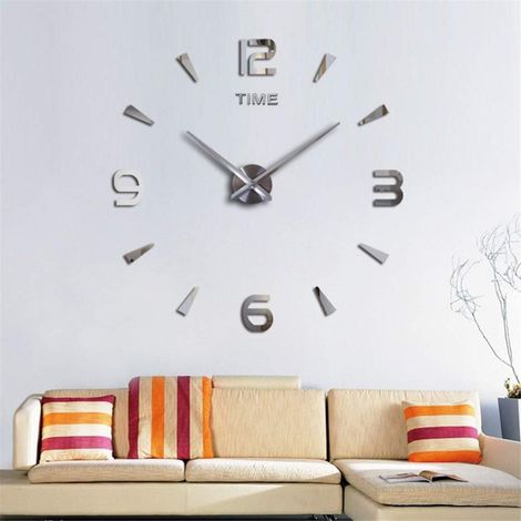 Grand kit d'horloge murale à monter soi-même, horloge murale 3D moderne sans cadre avec chiffres autocollants effet miroir - argent (1/5)