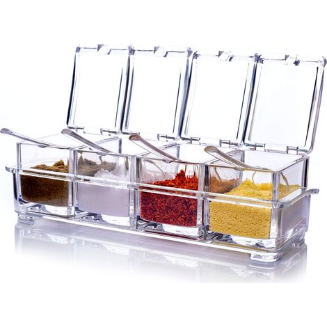 Étagère à épices transparente en forme d'éventail, pots à épices, ensemble de quatre boîtes à épices en acrylique (1/4)