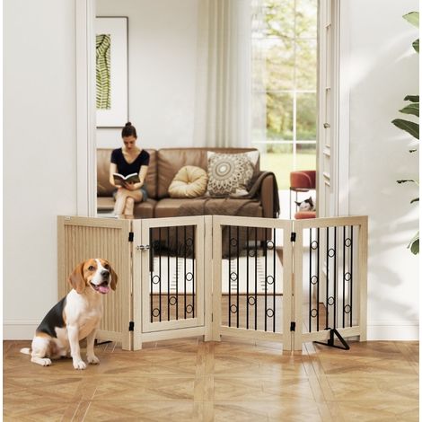 Freistehendes Haustiertor mit Tür, 4 Paneele, 205 x 30,5 x 70 cm, MDF und Stahl, Eiche OKMYHOME (1/5)