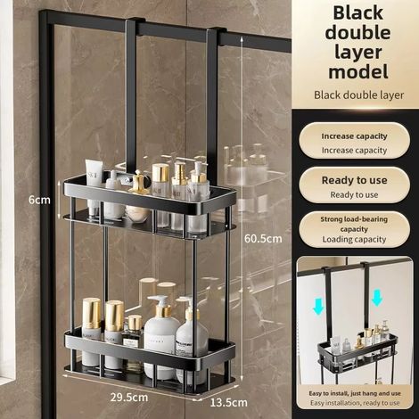 (Double couche) Nouveau porte-accessoires de salle de bain mural demi-hauteur, organisateur de produits de toilette à fixer sur la porte de la salle de douche, cintre de salle de bain (1/5)