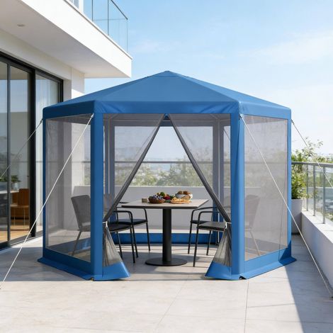 Gartenpavillon mit Netz 3,8 x 3,3 m Blau Metall OKMYHOME (1/4)