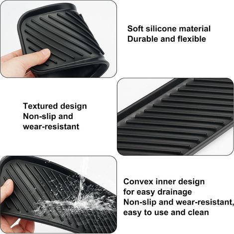 2 Pièces Organiseur évier en Silicone, 23 x 9cm Tapis d'égouttage en Silicone, Cuisine Tapis d'egouttage Evier Noir et Blanc, pour Rangement éponges, (1/5)