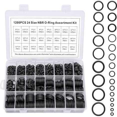 1200Pcs of 24 Varieties of O-Ring O Rings Assortment Seal Kit in Nitrile Rubber Material for Automotive,Plumbing,Solenoid Valves,Mechanical Bearings (1/5)