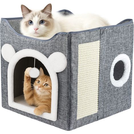 JF HOME BLISS Cat House for Indoor Pets 2 Layer Large cat cave with Scratch Board and Ball (Gray, 1) (1/5)