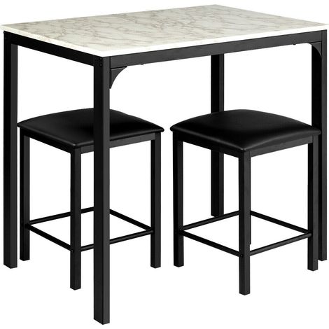 Ensemble bar 3 pièces table effet marbre blanc et 2 tabourets avec assise simili cuir et piètement fer noir pour cuisine et séjour (1/5)