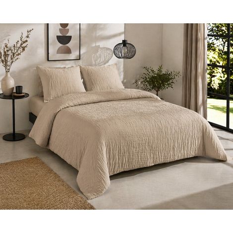 Parure de lit complète 260 x 240 cm gaze de coton – 2 taies 63x63 cm + drap housse 160x200 cm Sable