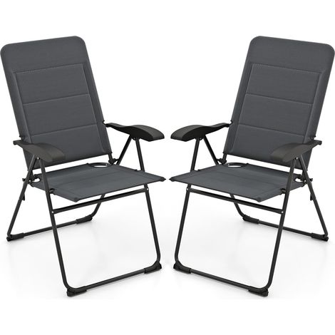 GOPLUS Lot de 2 Chaises de Jardin Pliantes, Chaises Pliantes avec 7 Positions de Dossier Réglables, Accoudoir, Ensembles de Bistrot Rembourrés pour Jardin, Terrasse, Balcon ou Arrière-Cour (Gris) (1/5)