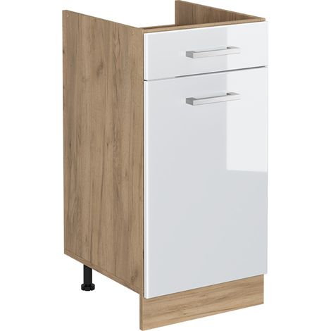 Mueble bajo de cocina R-Line, Blanco alto brillo/Roble dorado, 40 cm sin encimera, Vicco (1/5)