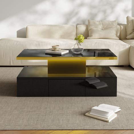 Table basse avec tiroirs, finition laquée brillante, table d’appoint à deux niveaux de rangement, avec éclairage LED (1/5)