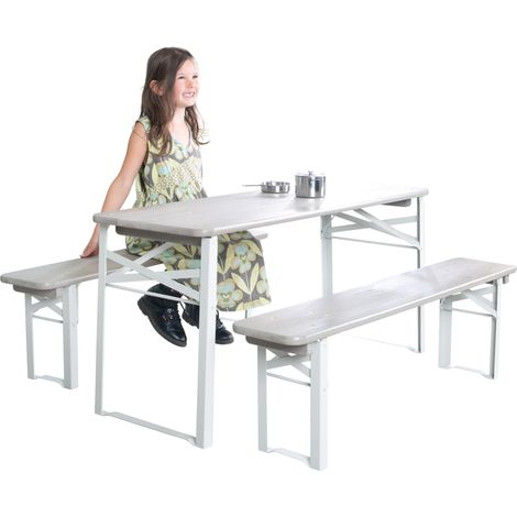 Table et 2 Bancs de Jardin pour Enfants dès 2 Ans - 4 Places - Bancs Pliants et Table Rectangulaire Pliante - Ensemble de Camping en Bois Massif Gris (1/5)