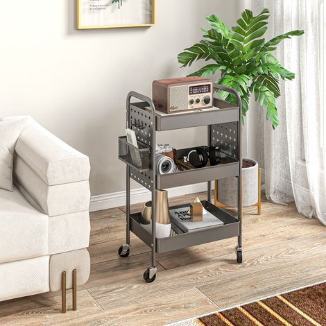 Chariot roulant de cuisine gris foncé, 3 niveaux avec 2 paniers suspendus, table d'appoint en acier avec poignée, pour intérieur et maison
