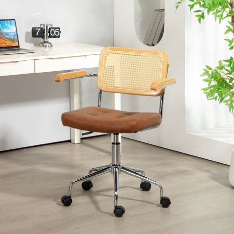 Sedia da ufficio regolabile in altezza con funzione di inclinazione e schienale in rattan sintetico, 60x55,5x82-90 cm, marrone.