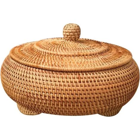 Panier de rangement en rotin tressé à la main avec couvercle rond, style chinois, pour les en-cas, le thé et autres articles.