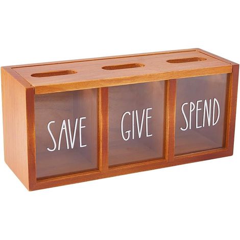 Sparschwein aus Holz mit 3 Fächern (GIVE / SAVE / SPEND) – magnetisch, hängend, für Kinder und Erwachsene, braun (1/5)