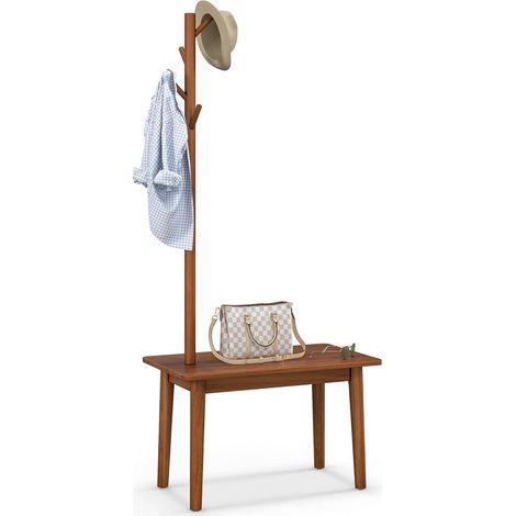 GOPLUS Porte-Manteau Bois avec Banc, Porte Manteau d'Entrée avec Table d'Appoint, 4 Crochets Arrondis, en Bois, pour Chapeau,pour Chambre, Salon, Charge 150KG, 76x43x168cm (Marron) (1/5)