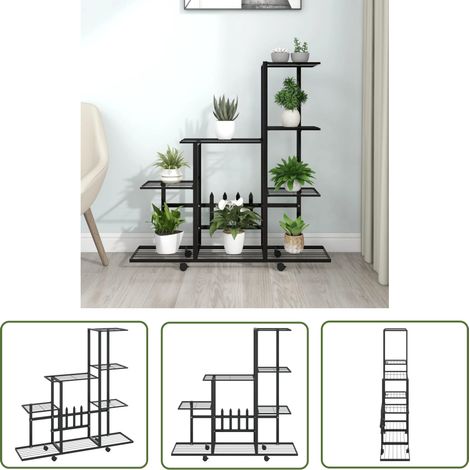 The Living Store Blumenständer auf Rollen 94,5x25x92,5 cm Schwarz Metall - Pflanzenständer - Blumenträger - Metallrost - Balkonmöbel - Gartendekoration (1/5)