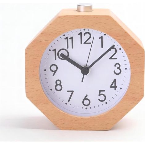 Reloj despertador analógico de madera,luz LED,silencioso (sin tictac),con números arábigos,función de repetición de alarma,amarillo (1/5)