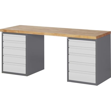 STIER Werkbank Premium, 10 Schubladen, 200x70x84cm, aus pulverbeschichtetem Stahl und Buchenholz, ideal für Montagearbeiten, robust und vielseitig in Werkstätten und Heimwerkerbereichen