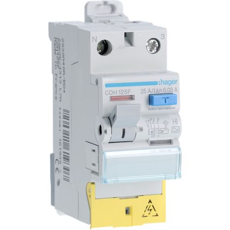 Interrupteur différentiel 1P+N 25A 30mA type haute immunité à bornes décalées HAGER CDH125F