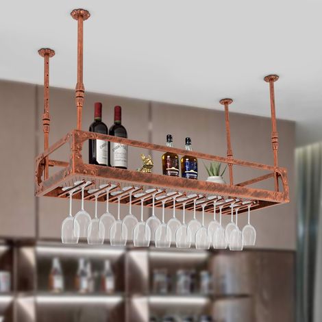 Étagère de plafond - 100 x 35 x 35 - 55 cm - Hauteur réglable - Support pour verre à vin - Décoration rétro en fer - Hauteur réglable jusqu'à 50 kg - Pour bar, café, cuisine, bureau (1/5)