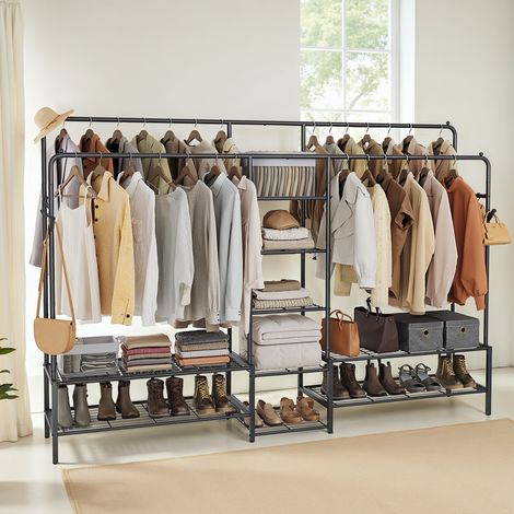 Portant à Vêtements, Armoire Ouverte, Portemanteau avec 9 Étagères, Cadre en Métal, Tringle à Vêtements, Noir