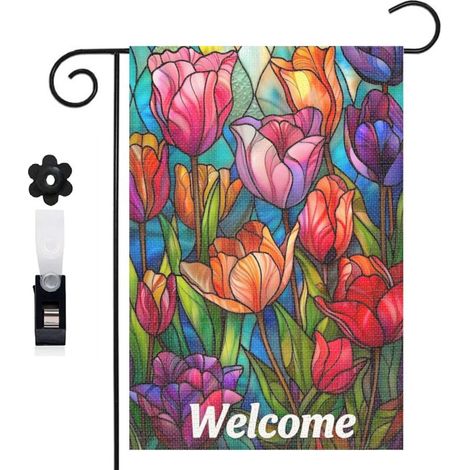 Drapeau vertical Welcome et tulipes violettes et rouges 30 x 45 cm décoration jardin d'été (1/5)