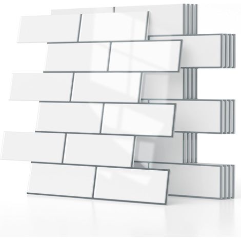 Carrelage Mural 3D Autocollant, Lot de 5 Panneaux Muraux en Mousse PVC avec Film Aluminium, Imperméable pour Cuisine et Salle de Bain, Effet Brique Blanche (1/5)