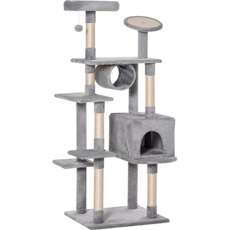 Albero Tiragraffi per Gatti 60x50x165 cm in Peluche e Corda Sisal Grigio e Beige (1/5)