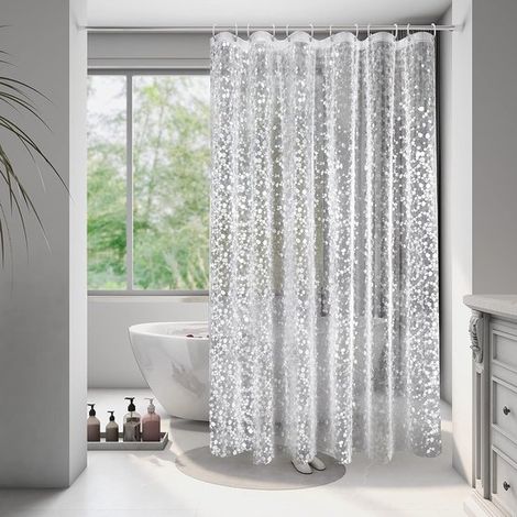 Rideau de douche transparent 180 x 220 cm avec poids magnétique, imperméable et antibactérien, motif galets 3D, lavable et résistant aux moisissures, comprend 12 anneaux blancs (1/5)