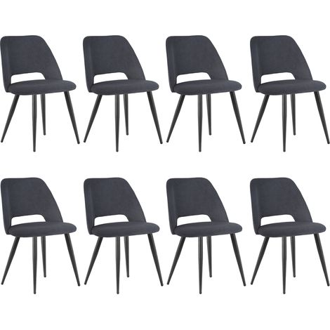 Lewe – Lot de 8 chaises de salle à manger en velours côtelé – Rembourrage haute densité – Pieds en métal noir réglables – Gris noir