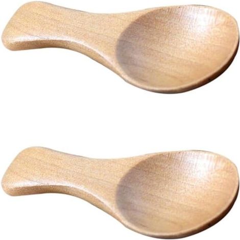2 mini cucharas de madera color caqui con mango corto，perfectas para tarros pequeños de mermelada，té o café. Accesorio de cocina，8 × 3,5 cm