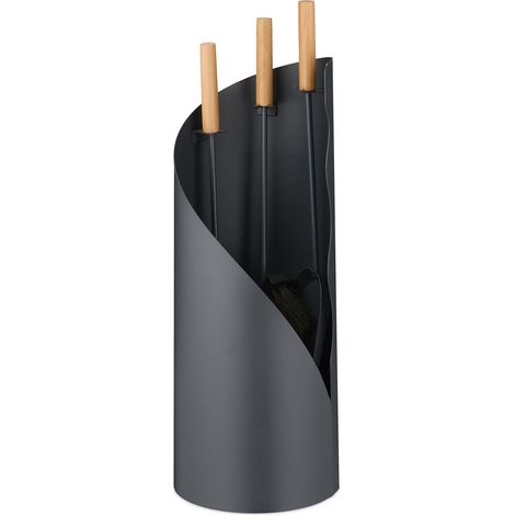 Valet de cheminée, tisonnier, Pelle, Balai, Set de 4 pièces, Design Moderne, Gris et Nature (1/5)