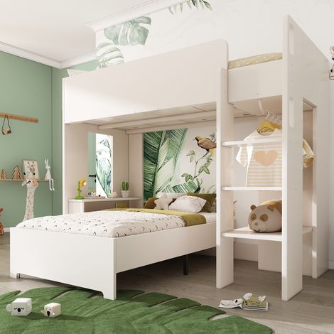 Letto a soppalco 205x108x166 cm, con letto singolo rimovibile, scrivania e armadio, legno, bianco (1/5)
