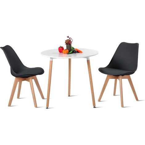 Esstisch-Set mit 2 Stühlen, skandinavisch, rund, Holz, für 2-4 Personen, Weiß + Schwarz (1/5)