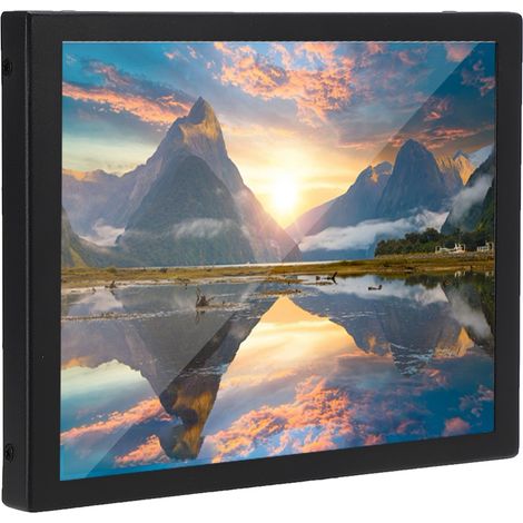 Moniteur industriel intégré tout métal avec écran tactile résistif de 8 pouces, résolution 1024 x 768 et prise 100-240 V.